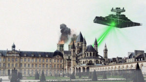 la mairie de Caen survolée par l'étoile noire et un destroyer impérial (Star Wars, la guerre des étoiles) avec l'hotel de ville, l'abbatiale Saint-Étienne de Caen, l'abbaye aux hommes